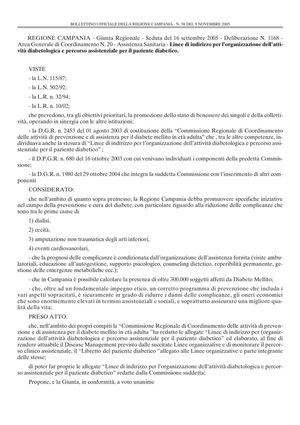 DEL.G.R.1168 del 16/10/2005 Linee di indirizzo per l'organizzazione della attività dianetologica e percorso assistenziale per il paziente diabetico. Regione Campania