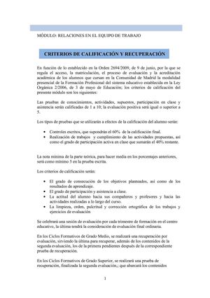 CRITERIOS DE CALIFICACIÓN DEL MÓDULO
