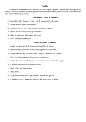 Resumo sobre o Handebol - Fundamentos Técnicos e Regras