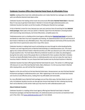 Celebrate Vacation Offers Best Nainital Hotel Deals At Affordable Prices