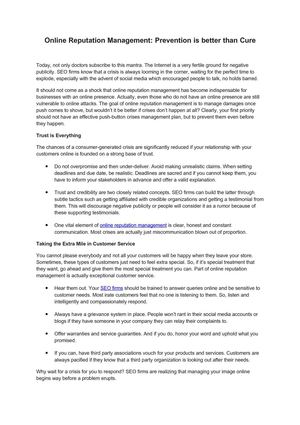 Online Reputation Management: Prevention is better than Cure