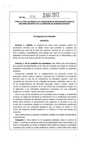 LEY 1574 DEL  02 DE AGOSTO DE 2012 PENSIÓN DE SOBREVIVIENTES ESTUDIANTES