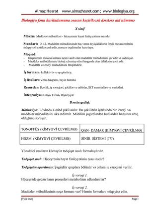 Biologiyanın tədrisində Kurikulumun tətbiqinə aid dərs nümunəsi - X sinif