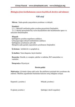 Kurikuluma əsaslanan  biologiya dərs nümunəsi - VIII sinif