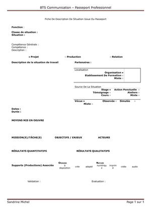 Passeport Professionnel BTS Com - Modèle de fiche