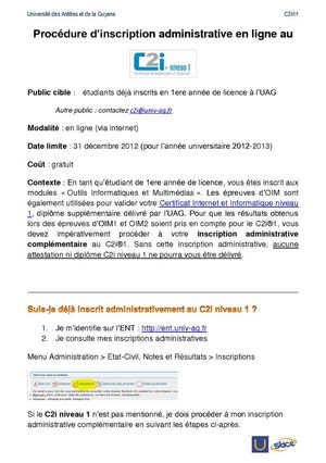 Procédure d'inscription administrative au c2i1 (UAG)