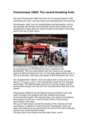 Planet Inspired: Frecciarossa 1000, 360 Km.h saving energy and respecting the environment