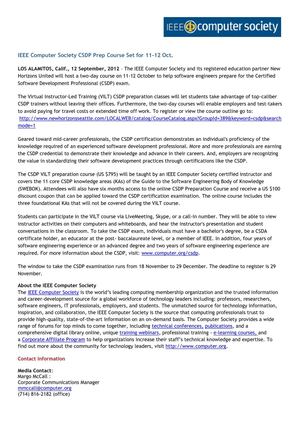 IEEE Computer Society CSDP Prep Course Set for 11-12 Oct.