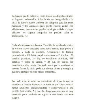 la contaminación del medio ambiente por las basuras