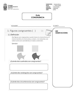 Guia CONGRUENCIA: Definición y criterios en triángulos