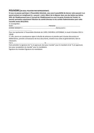 Pouvoir AG 4 octobre 2012