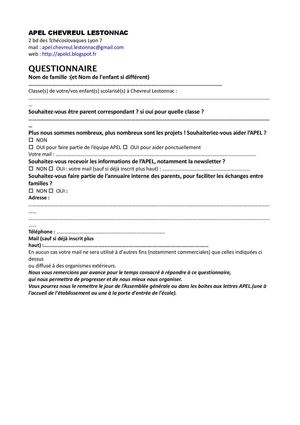 Questionnaire rentrée 2012