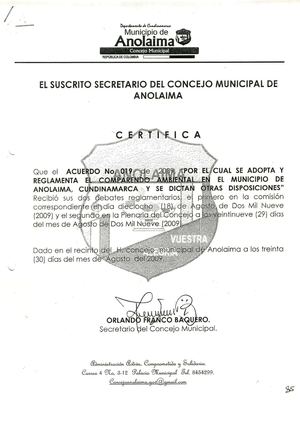 Acuerdo 019 2009 Por el cual se adopta y reglamenta el Comparendo Ambiental en el Municipio de Anolaima, Cundinamarca y se dictan otras disposiciones