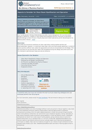 Aspects to Consider for Clean Room Qualification and Operation - Webinar By GlobalCompliancePanel 