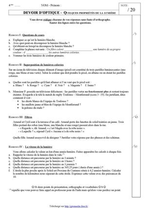 DS 1 - Quatrième - Quelques propriétés de la lumière (Version b)