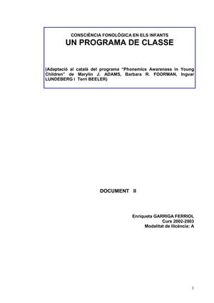 CONSCIÈNCIA FONOLÒGICA    Un programa de classe