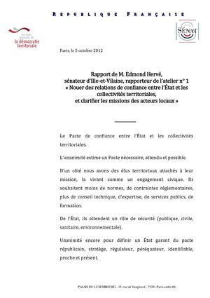 RAPPORT D'EDMOND HERVE : LES RELATIONS ENTRE LES ACTEURS DE LA DÉCENTRALISATION