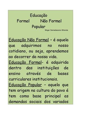 Educação Formal, Não Formal e Popular