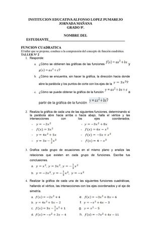 TALLER N.3 FUNCIONES CUADRATICAS
