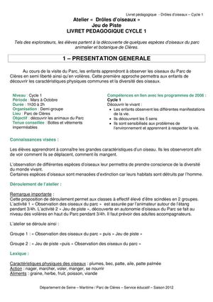 Livret pedagogique  "Drôles d'oiseaux" cycle 1 / jeu de piste - Parc de Clères