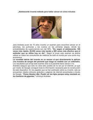 Adolescente inventa método para hallar cáncer en cinco minutos 