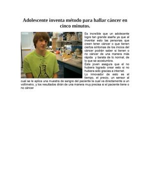 Adolescente inventa método para hallar cáncer en cinco minutos
