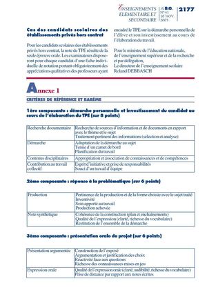 Evaluation des TPE : critères de référence et barème