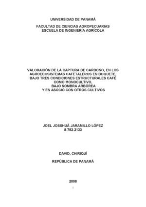 VALORACIÓN DE LA CAPTURA DE CARBONO, EN LOS AGROECOSISTEMAS CAFETALEROS EN BOQUETE, BAJO TRES CONDICIONES ESTRUCTURALES CAFÉ COMO MONOCULTIVO, BAJO SOMBRA ARBÓREA Y EN ASOCIO CON OTROS CULTIVOS
