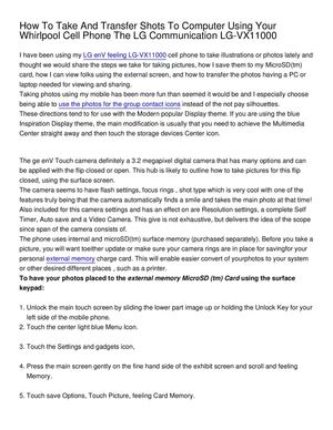 How To Take And Transfer Shots To Computer Using Your Whirlpool Cell Phone The LG Communication LG-VX11000