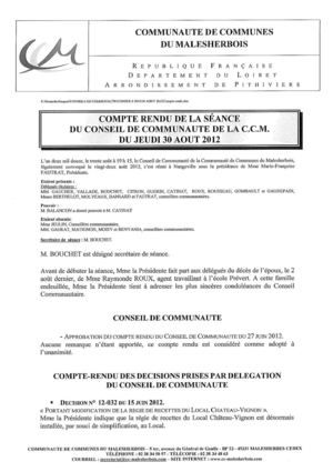 Rapport du Conseil de Communauté du 30 Août 2012