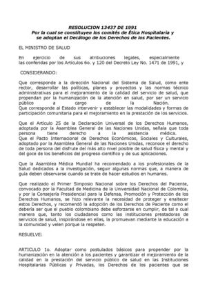 Bioética - Derechos de los pacientes (Resolución 13437 de 1991).