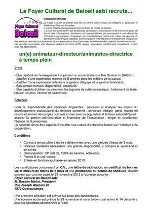 offre d'emploi direction -Foyer Culturel de Beloeil
