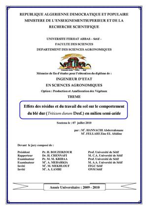 Effets des résidus et du travail du sol sur le comportement  du blé dur (Triticum durum Desf.) en milieu semi-aride