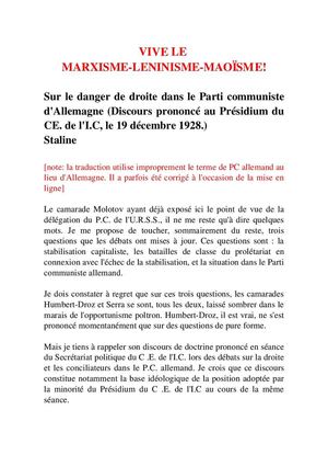 Staline : sur le danger de droite dans le Parti Communiste d'Allemagne (19 décembre 1928)