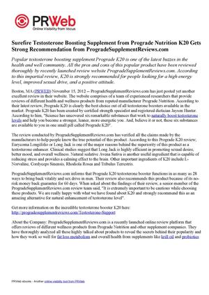 Testosterone Boosting Product from Prograde Nutrition K20 Obtains Strong Recommendation from ProgradeSupplementReviews.com