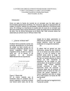 LA FUERZA DE LORENTZ COMO FUNDAMENTO DEL EFECTO HALL