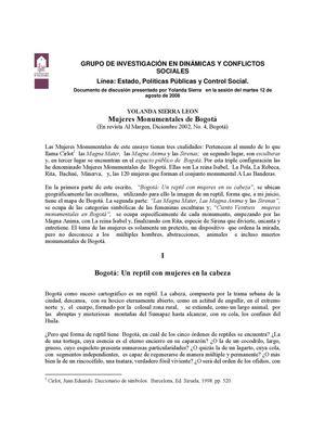 GRUPO DE INVESTIGACION EN DINAMICAS Y CONFLITOS SOCIALES - MUJERES MONUMENTALES DE BOGOTÁ 