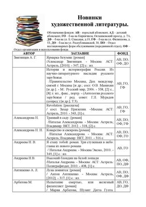 Новые поступления художественной литературы. Октябрь, ноябрь 2012 года.