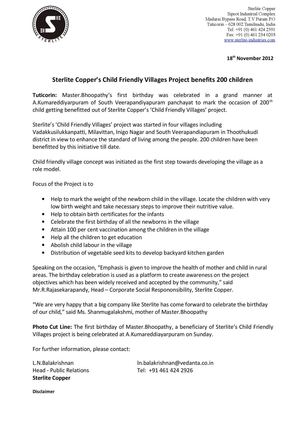 Sterlite Copper’s Child Friendly Villages Project benefits 200 children