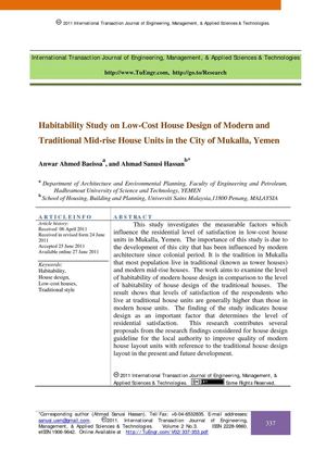 Habitability Study on Low-Cost House Design of Modern and Traditional Mid-rise House Units in the City of Mukalla, Yemen
