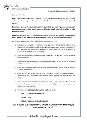 Carta de bienvenida para los vecinos y vecinas