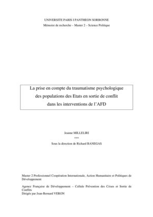 La prise en compte du traumatisme psychologique des populations des Etats en sortie de conflit dans les interventions de l’AFD (Jeanne Milleliri) 2009
