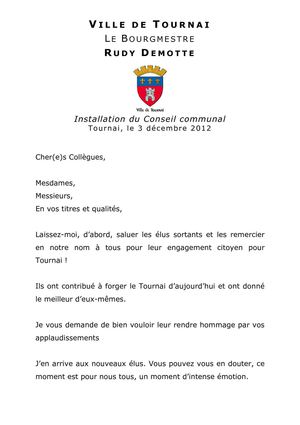 Discours du Bourgmestre Rudy Demotte lors de l'installation du Conseil Communal du 3 décembre 2012