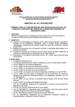 DIRECTIVA N° 011-2012-DREJ-DGP "NORMAS PARA FINALIZACIÓN DEL AÑO ESCOLAR 2012"