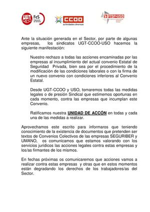 Comunicado conjunto de UGT, CCOO y USO ante los incumplimientos del actual Convenio de Seguridad Privada