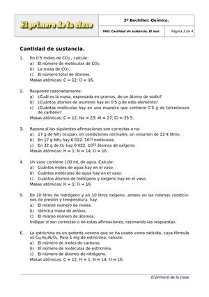 2º Bachiller. Ejercicios: Cantidad de sustancia PAU