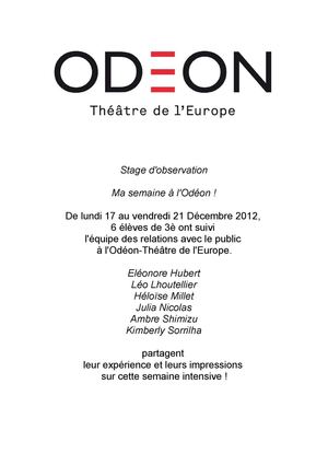 Stage d'observation  Ma semaine à l'Odéon !