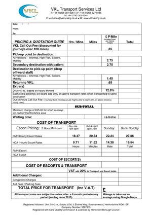 VKL Transport Price Guide