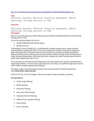 Shelving systems, Material Handling equipment, Metal shelving, Storage pallets in UAE