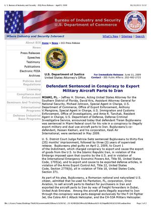 U. S. Bureau of Industry and Security - DOJ Press Release - April 9, 2009